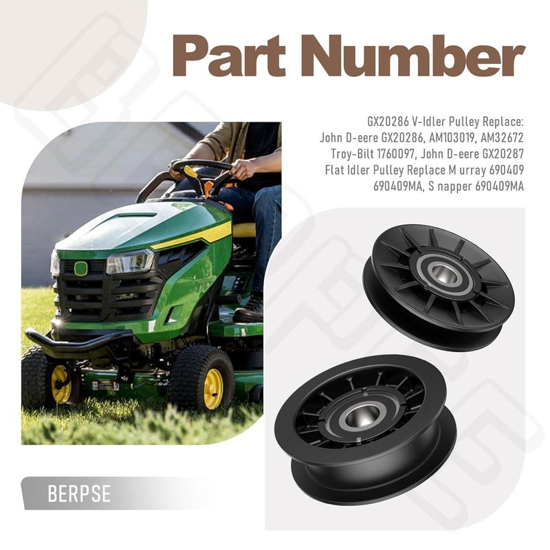 BERPSE GX20286 GX20287 V-Idler Pulley & Flat Pulley Kit Compatible with John D-eere Mower Decks LA100 LA110LA115 LA105 LA120, Replaces 1760097 690409 690409MA AM103019 - Image 3